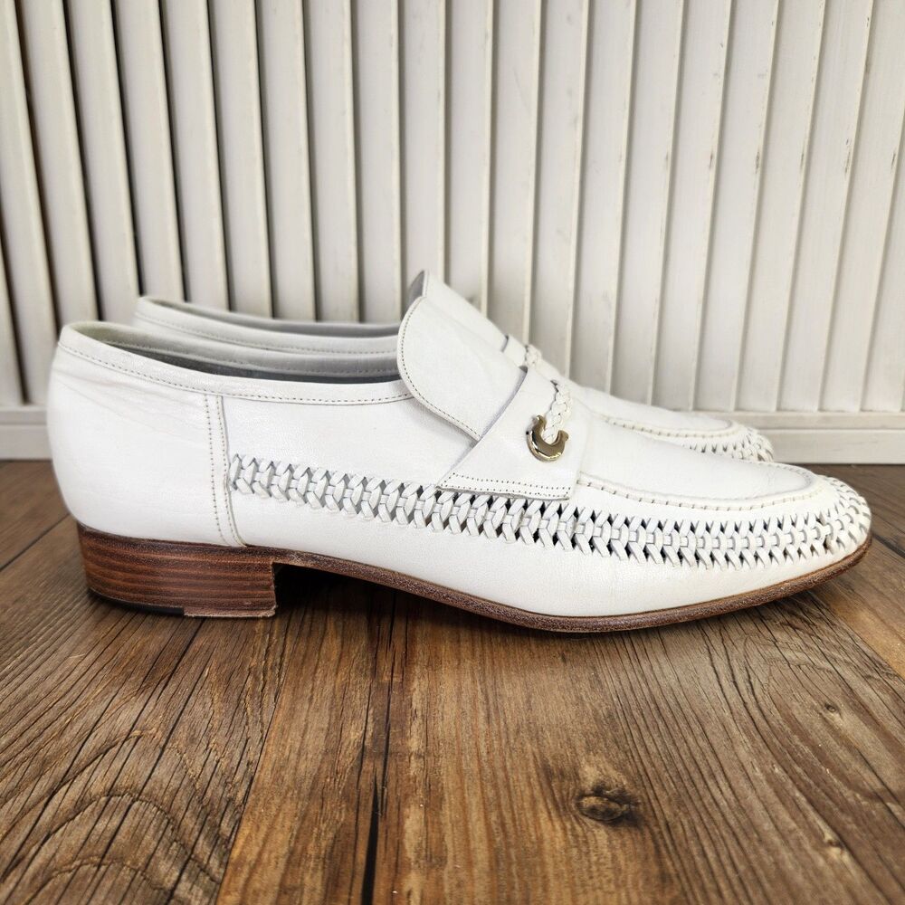 VTG 80s Florsheim Idlers Woven Side Loafer Mens 9.5M White Italian Leather Shoes